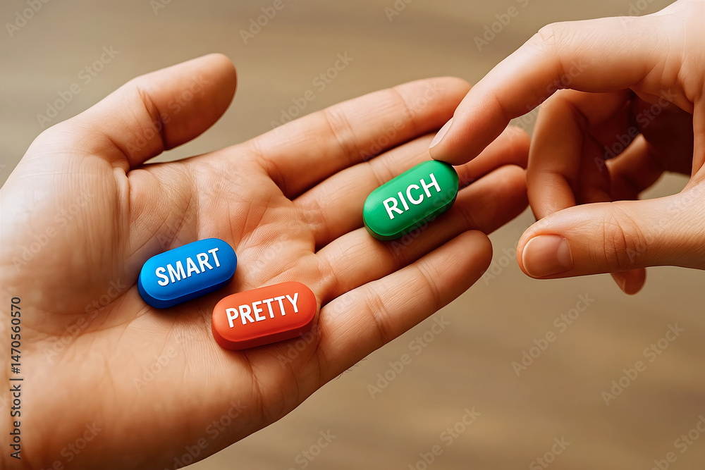 Conceptual Choice Between Smart, Pretty, and Rich Pills, Intelligence, Wealth, and Beauty in Hand