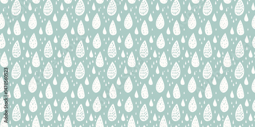 Vector seamless pattern with rain drops. Simple hand-drawn doodle style illustration. Subtle mint green and white childish background texture. Cute repeating design for kids, babies, textile, cloth