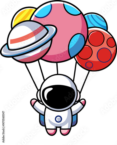 Cute astronaut floating while holding onto planet-shaped balloons.