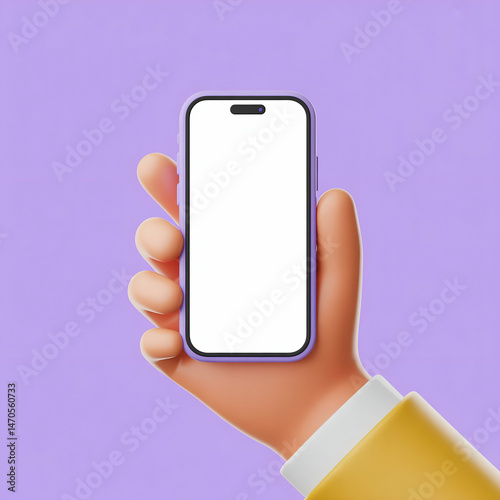 Stylized hand holding phone mockup with blank white screen presentation template