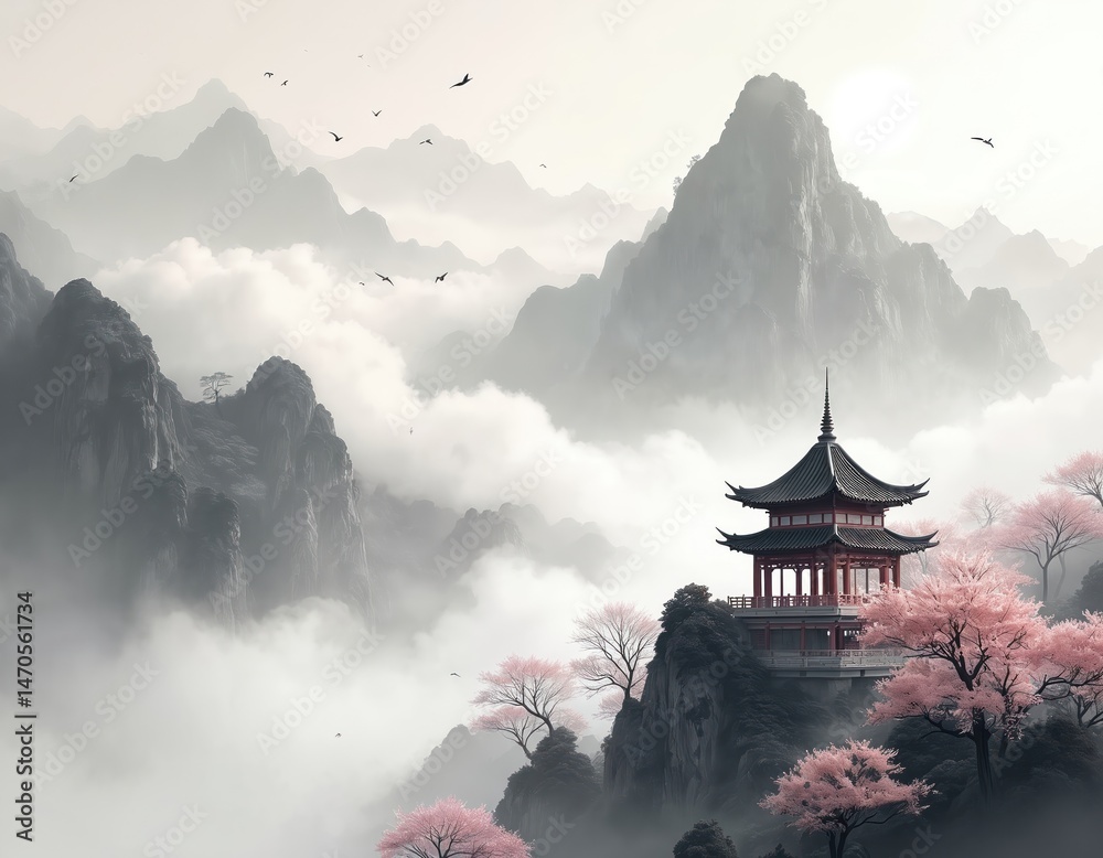 Obraz premium Chinese painting depicts mountains clouds pavilions. Calm traditional oriental landscape, serene nature scene with pagoda, cherry blossoms. Peaceful scenic view, classic artwork, zen atmosphere.