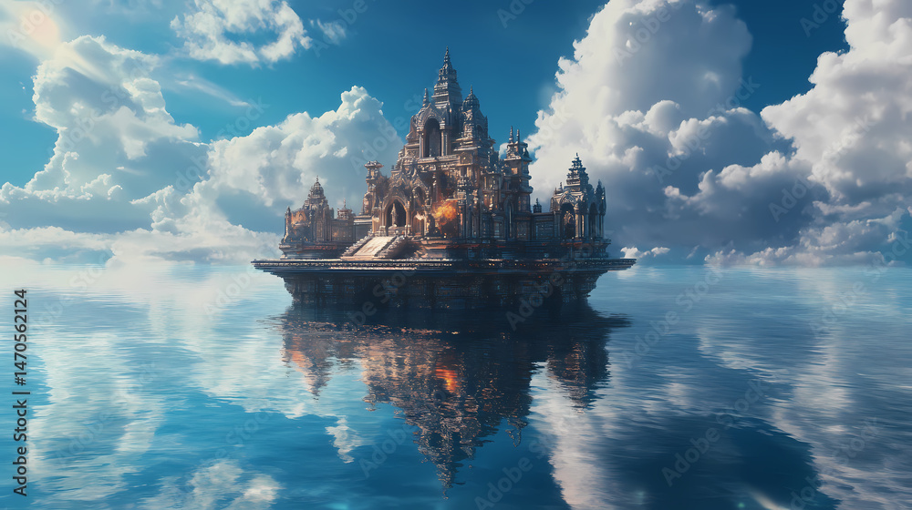 Obraz premium a floating temple drifting above an endless ocean, reflecting divine light. [Vortex Temples] | Temple Drift | floating sanctum. Illustration