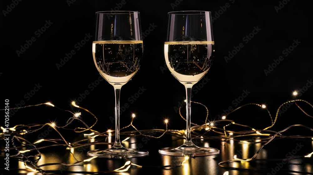 Two wine glasses are filled with sparkling beverage and set against a dark background, enhanced by glowing fairy lights, creating a mood of celebration and elegance.