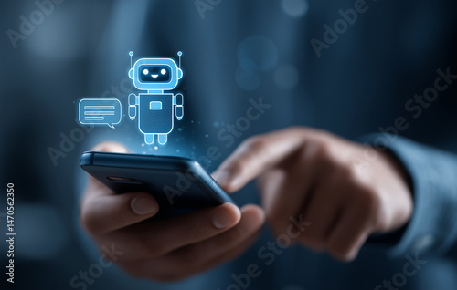 Close-up of a businessman using a smartphone with a chatbot icon on the screen