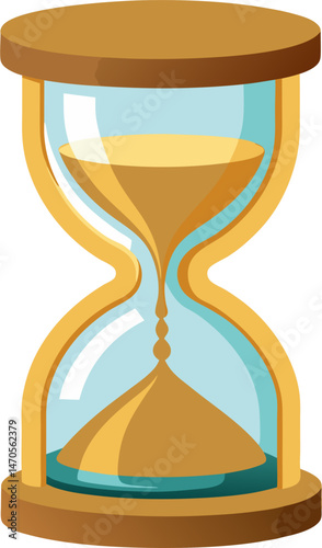 A classic hourglass with a wooden frame and clear glass bulbs, showing golden sand trickling from the top to the bottom, representing the passage of time.