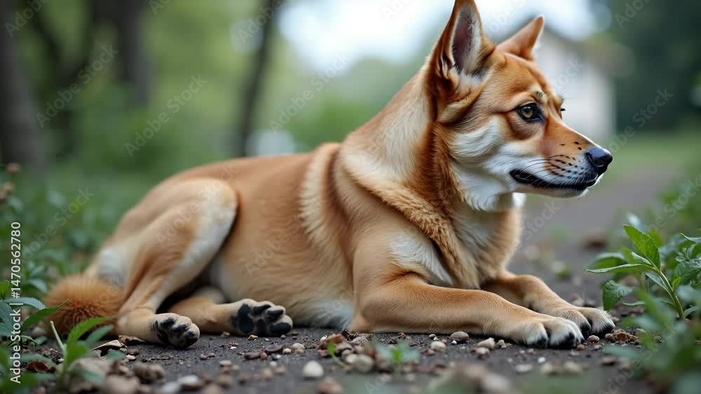 Dog resting peacefully on a pathway surrounded by greenery Dog resting peacefully on a pathway surrounded by greenery