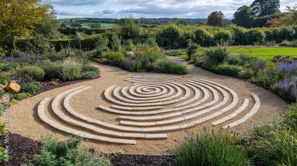 A spiral stone path winding through a landscaped garden. A spiral stone path winding through a landscaped garden.