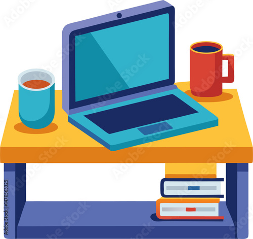 A colorful illustration of a simple desk with a laptop, two mugs (one blue with a light-colored beverage, one red with a dark beverage), and a stack of two books on a lower shelf.