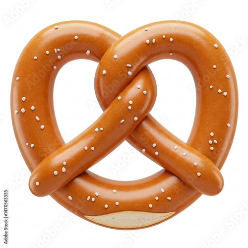 Salty pretzel sprinkled with salt, baked to a golden brown, isolated on a white background