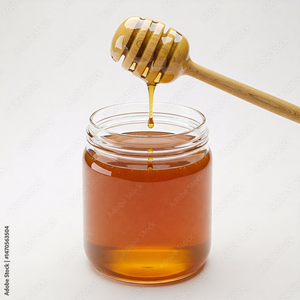 Honey dripping from a wooden dipper into a glass jar of honey, isolated on a white background Honey dripping from a wooden dipper into a glass jar of honey, isolated on a white background