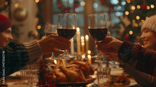 A group of people in warm clothing are gathered around a festive holiday dinner table, raising their glasses of wine for a toast, symbolizing unity , the joy of celebrating together in a cozy setting.