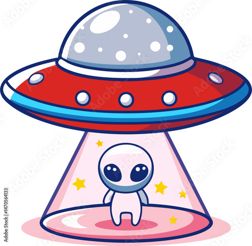 A whimsical cartoon illustration of a classic flying saucer UFO with a red and blue trim emitting a pink beam of light, abducting a small, white alien with large black eyes surrounded by yellow stars.