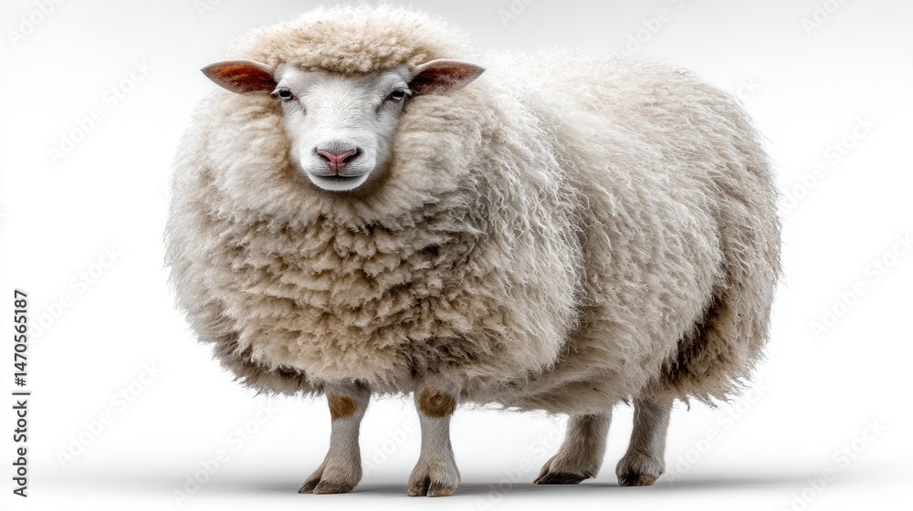 Fototapeta premium A fluffy sheep standing proudly in front of a white background, isolated on background