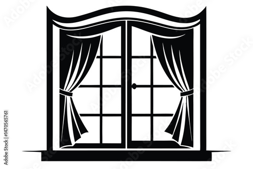 Stylized black and white window shows a curtain tied back on both sides