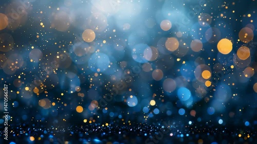 A mesmerizing abstract design with blurred blue hues and glimmering gold particles. The background creates a dreamy, festive, and enchanting ambiance, offering a sense of mystery and celebration.