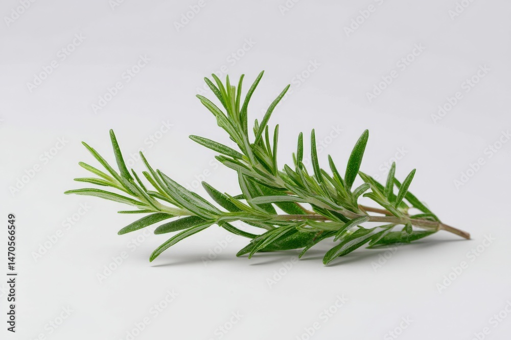 Fototapeta premium Fresh rosemary sprig on white background. Vibrant green herb.