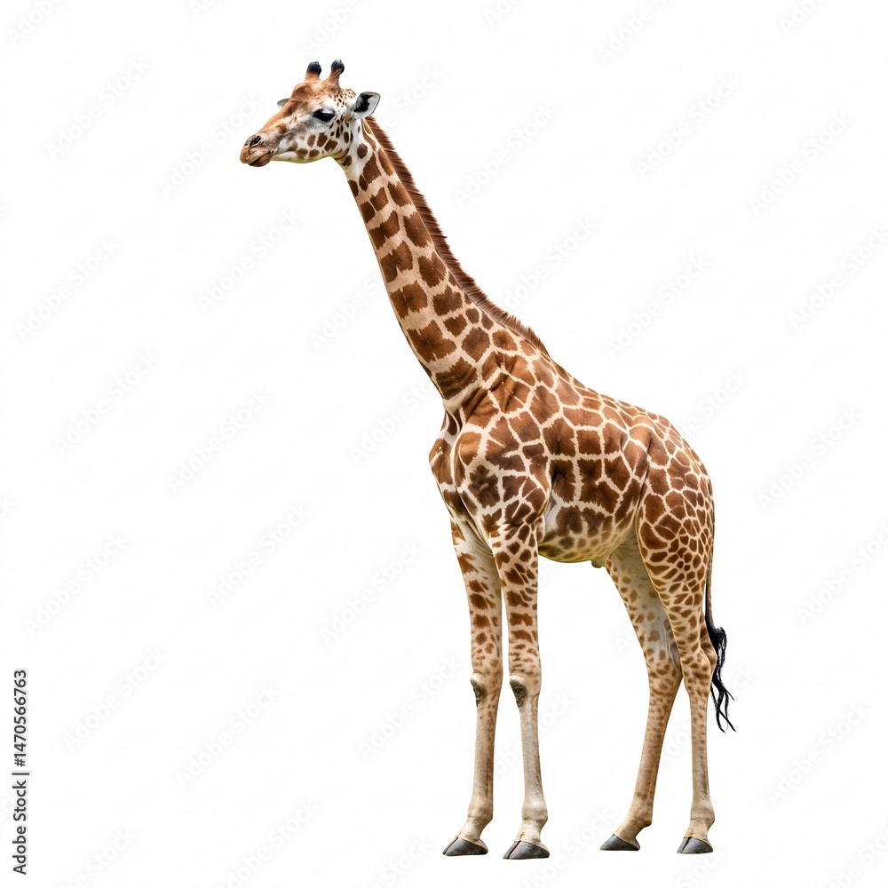 Fototapeta premium Giraffe, tall African mammal, long neck, spotted coat, wildlife animal. Isolated on a white background