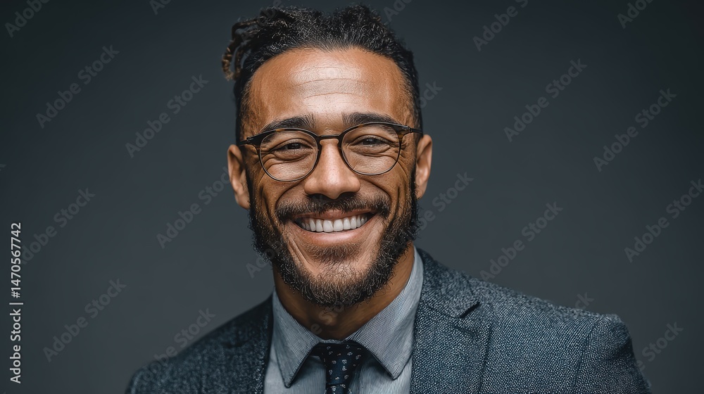 Fototapeta premium A businessman smiling confidently in his suit and glasses, isolated on background