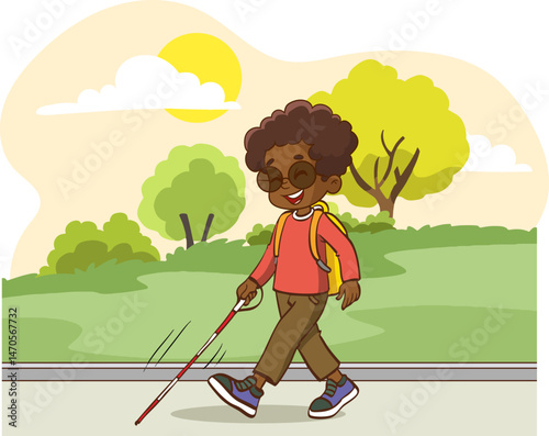 Young blind boy walking with a cane vector isolated. Male character in sunglasses with stick. Concept of people with disabilities. Impaired child