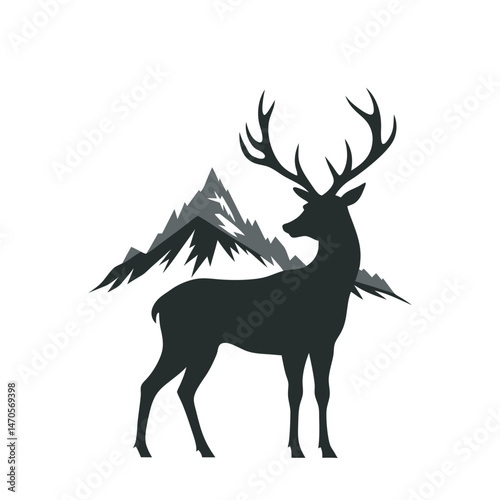Deer with mountains double exposure silhouette