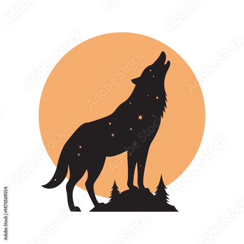Night moon wolf double exposure silhouette