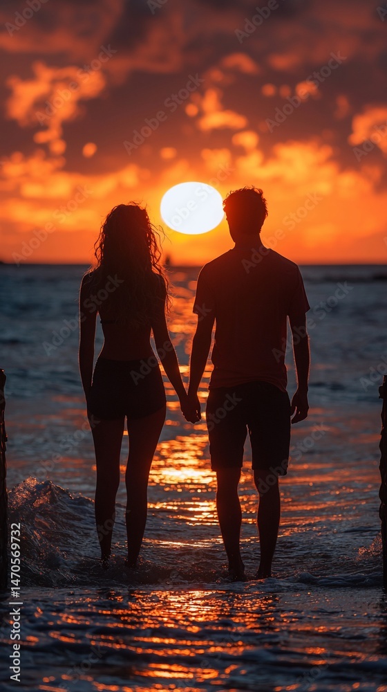 Fototapeta premium Couple walking on beach at sunset