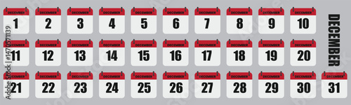 December Calendar Days Full Month Set, Dates 1st to 31st Vector Illustration