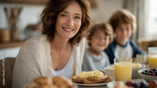 A blended family enjoying breakfast together on a weekend morning