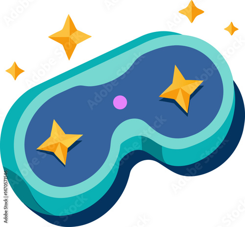 A colorful illustration of a sleep mask, primarily blue and teal, adorned with yellow stars and a pink dot, suggesting peaceful rest and darkness.