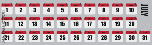 July Calendar Days Full Month Set, Dates 1st to 31st Vector Illustration