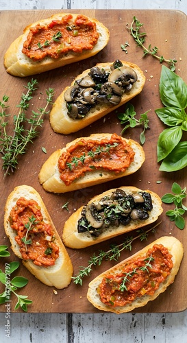 Toasted baguette slices topped with tomato-basil, mushroom, and olive tapenade variations. Wooden serving board, fresh herbs garnish.