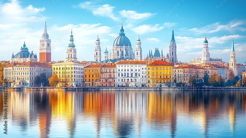 Fototapeta premium Ancient classical city skyline riverfront view high resolution picture