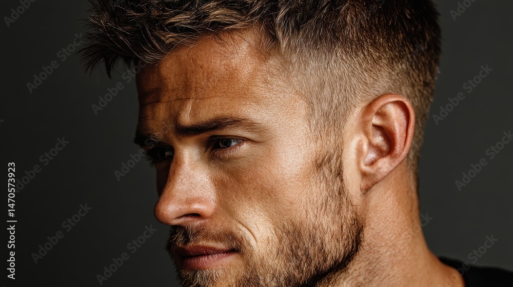 Obraz premium Portrait of a handsome man with a short haircut, side view, isolated on background
