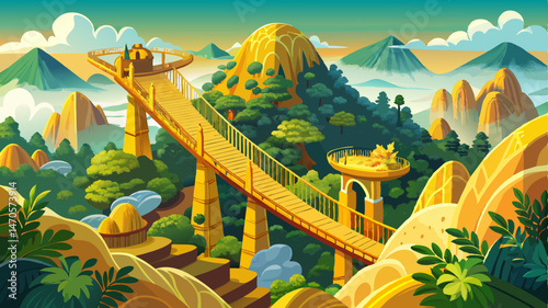 Aerial top view famous tourist attraction among the tropical jungle in the forests - Golden bridge at the top of the Ba Na Hills, Vietnam