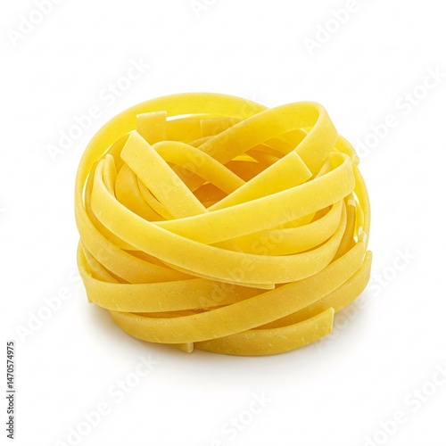 A nest of uncooked yellow tagliatelle pasta, isolated on a white