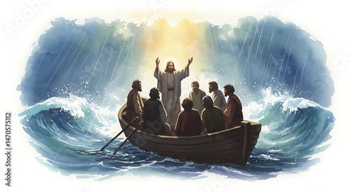 Man stands in boat amidst storm, raising hands, surrounded by men.