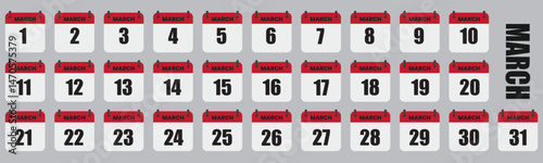 March Calendar Days Full Month Set, Dates 1st to 31st Vector Illustration