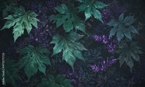 Wallpaper Mural Intricate, shadowy leaves in deep emerald, sapphire, and amethyst ,  mystery,  illustration Torontodigital.ca