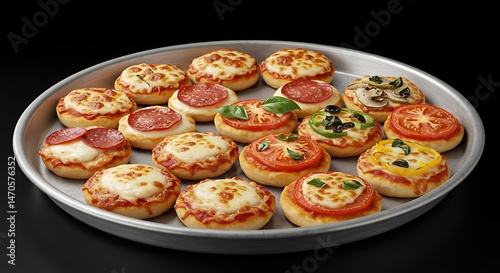 Bite-sized pizza crusts topped with pepperoni, margherita, and veggie options. Cheese bubbling, served on a round metal tray