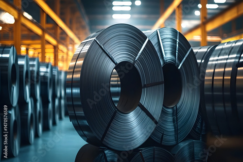 Steel rolls stacked in warehouse: storage and logistics of metal products