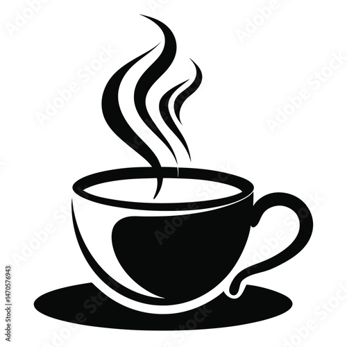 Black coffee steams beautifully in a simple cup with saucer silhouette on white