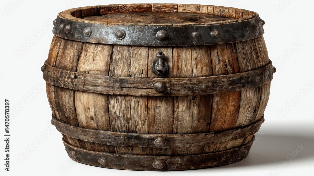 Fototapeta premium Old wooden barrel, rustic and aged, isolated on background