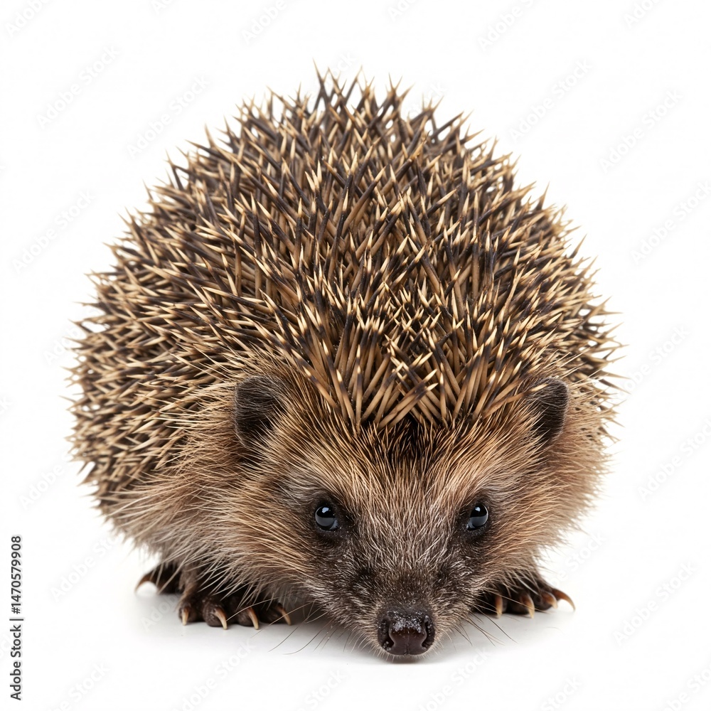 A small European hedgehog with brown and cream spines walking, isolated on a white A small European hedgehog with brown and cream spines walking, isolated on a white