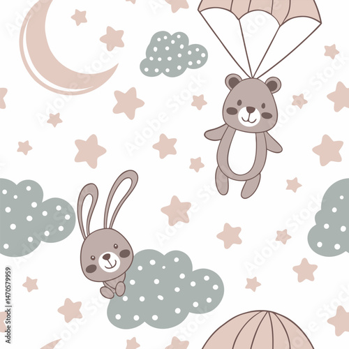 Seamless pattern design with toy icons for children can be used in children's living spaces such as bedding, clothes, wall patterns