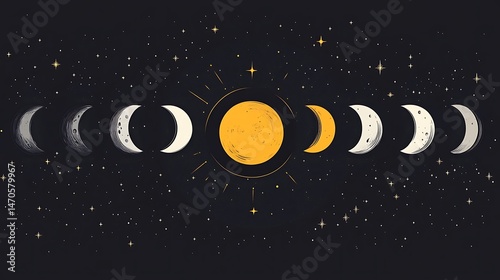 Celestial Moon Phases Cycle Art.