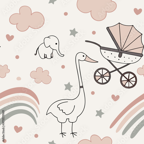 Seamless pattern design with toy icons for children can be used in children's living spaces such as bedding, clothes, wall patterns