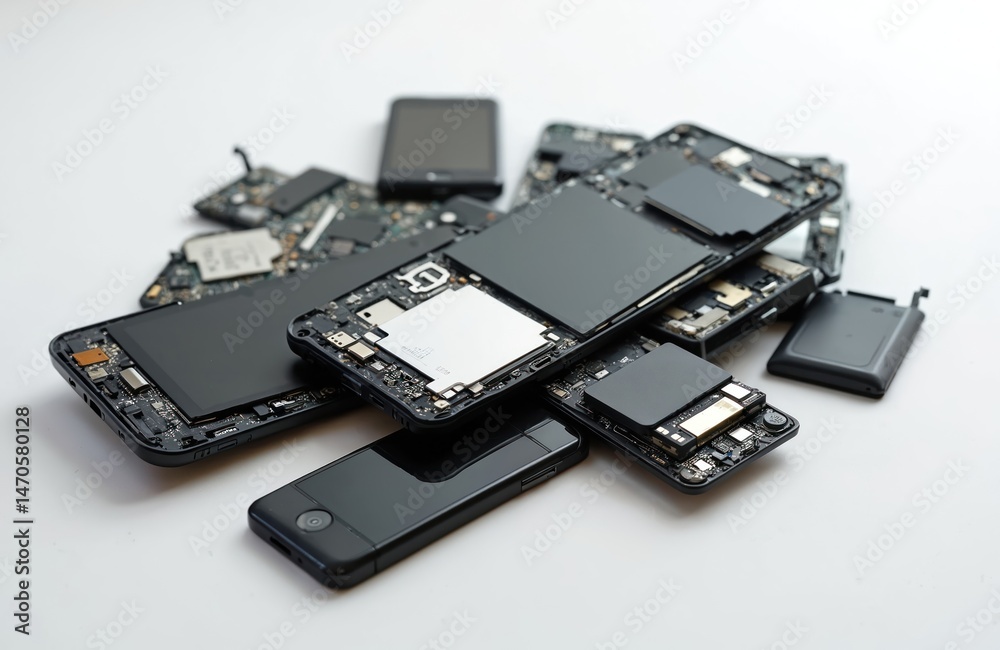 Fototapeta premium Broken disassembled smartphones on white background. Electronic waste concept. Phone parts, circuit boards, batteries, screens for device repair. Tech repair shop concept, replacing smartphone