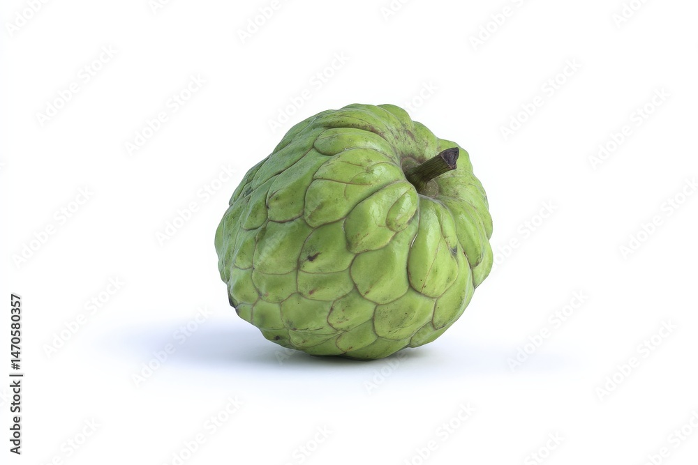 Obraz premium A single cherimoya fruit, vibrant green, sits on a white background.
