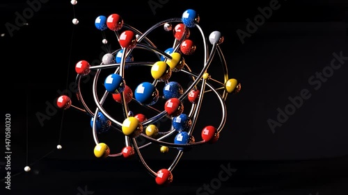 Dynamic Atom Model Animation with Spheres and Rings on Dark Background, Molecular Structure