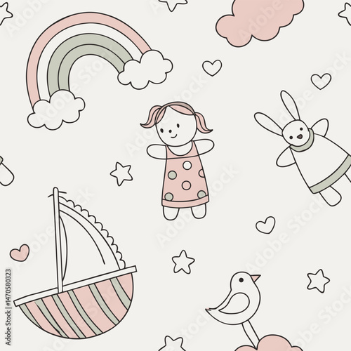 Seamless pattern design with toy icons for children can be used in children's living spaces such as bedding, clothes, wall patterns